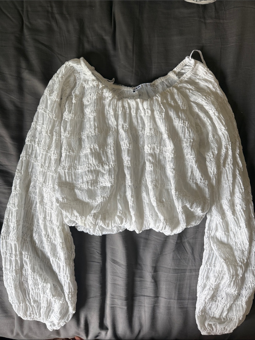 Zara White Textured Off-Shoulder Puff Sleeve Top